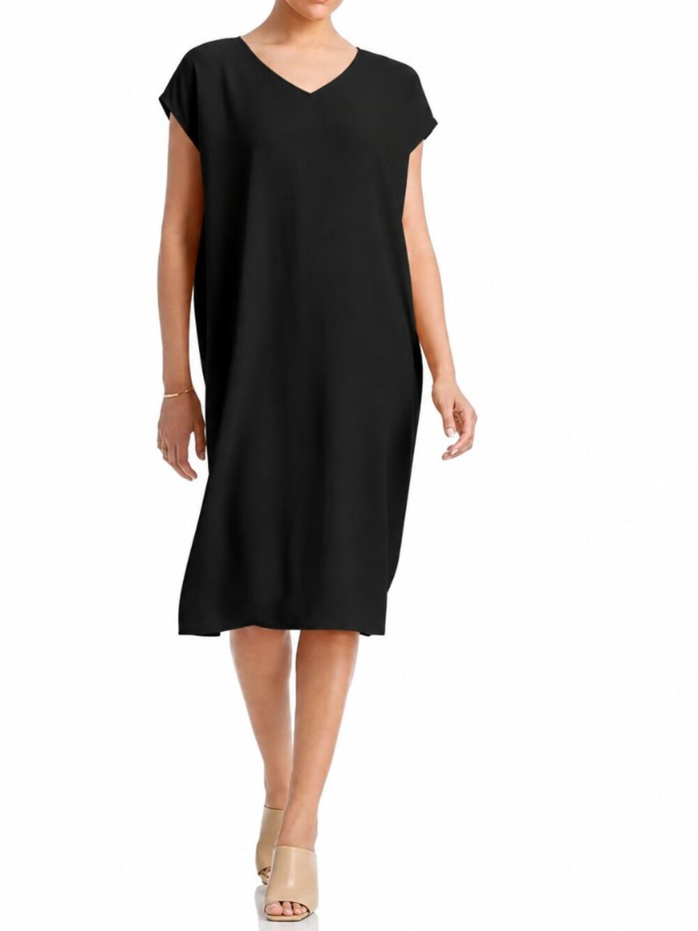 Eileen Fisher V-Neck Boxy Knee Length Tencel Dress Black Jersey NWOT Size XS
